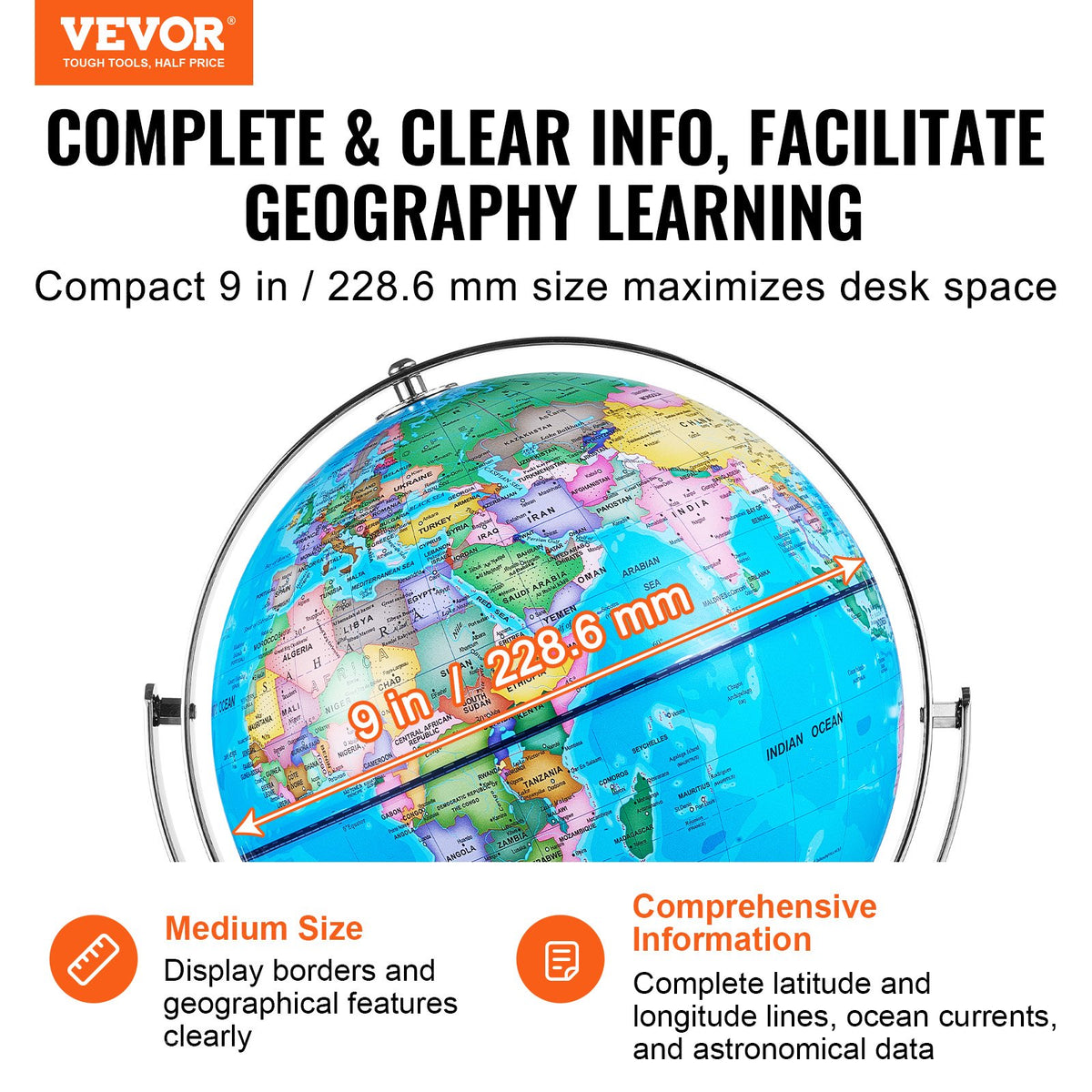 Illuminated World Globe with Stand, 228.6 mm, Educational Earth Globe with Stable Heavy Metal Base and LED V952-DQYJJLFGXZ9YG1I1PV9