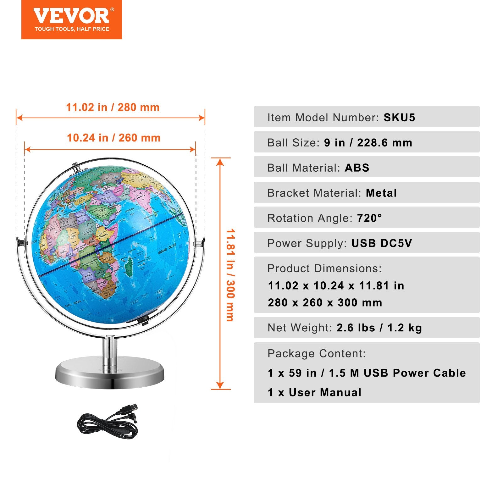 Illuminated World Globe with Stand, 228.6 mm, Educational Earth Globe with Stable Heavy Metal Base and LED V952-DQYJJLFGXZ9YG1I1PV9