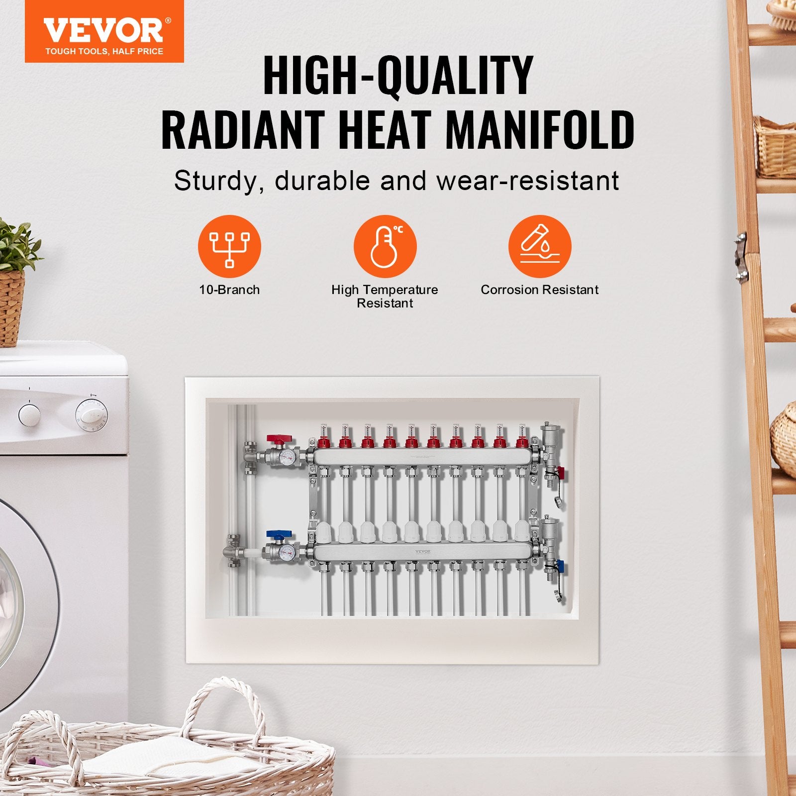 10-Branch Radiant Heat Manifold, 1/2" PEX Tubing Manifold, Stainless Steel PEX Manifold for Hydronic Radiant V952-DRFSQBXG10HL1S697V0