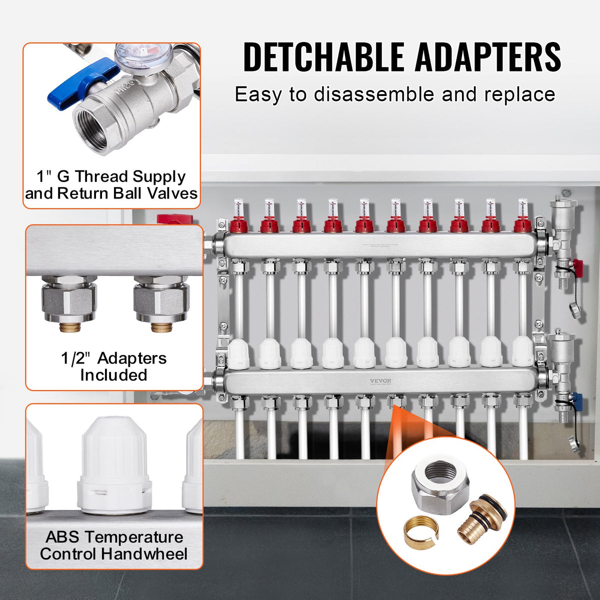 10-Branch Radiant Heat Manifold, 1/2" PEX Tubing Manifold, Stainless Steel PEX Manifold for Hydronic Radiant V952-DRFSQBXG10HL1S697V0