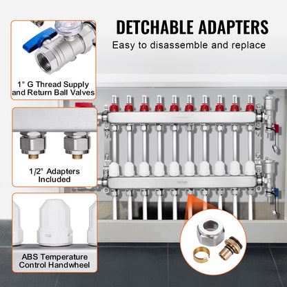 10-Branch Radiant Heat Manifold, 1/2" PEX Tubing Manifold, Stainless Steel PEX Manifold for Hydronic Radiant V952-DRFSQBXG10HL1S697V0
