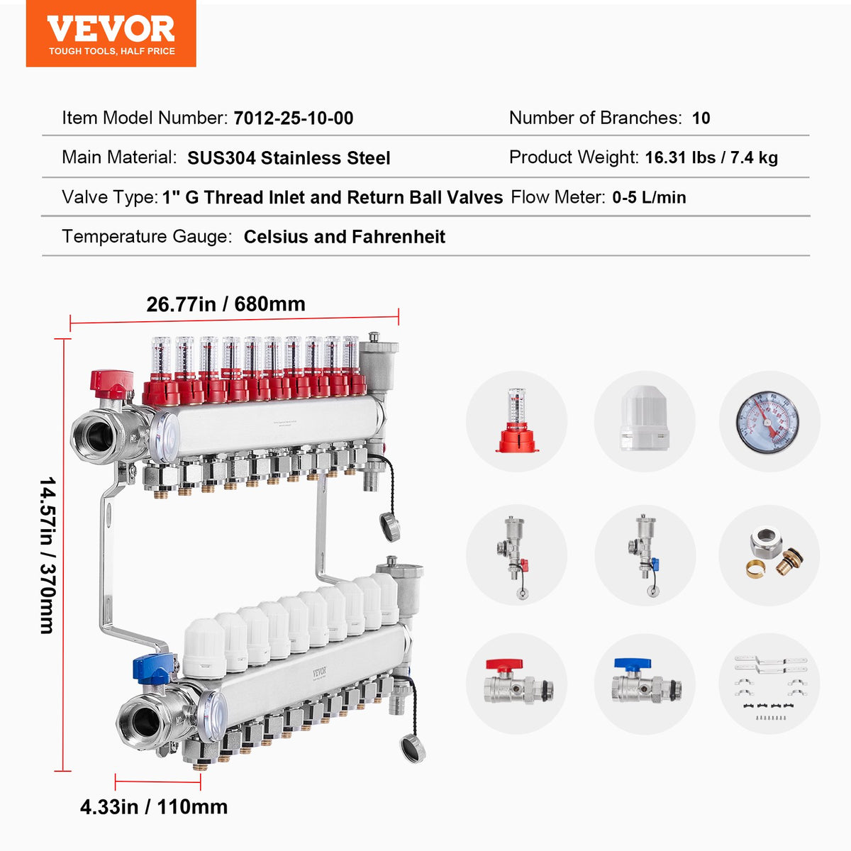 10-Branch Radiant Heat Manifold, 1/2" PEX Tubing Manifold, Stainless Steel PEX Manifold for Hydronic Radiant V952-DRFSQBXG10HL1S697V0