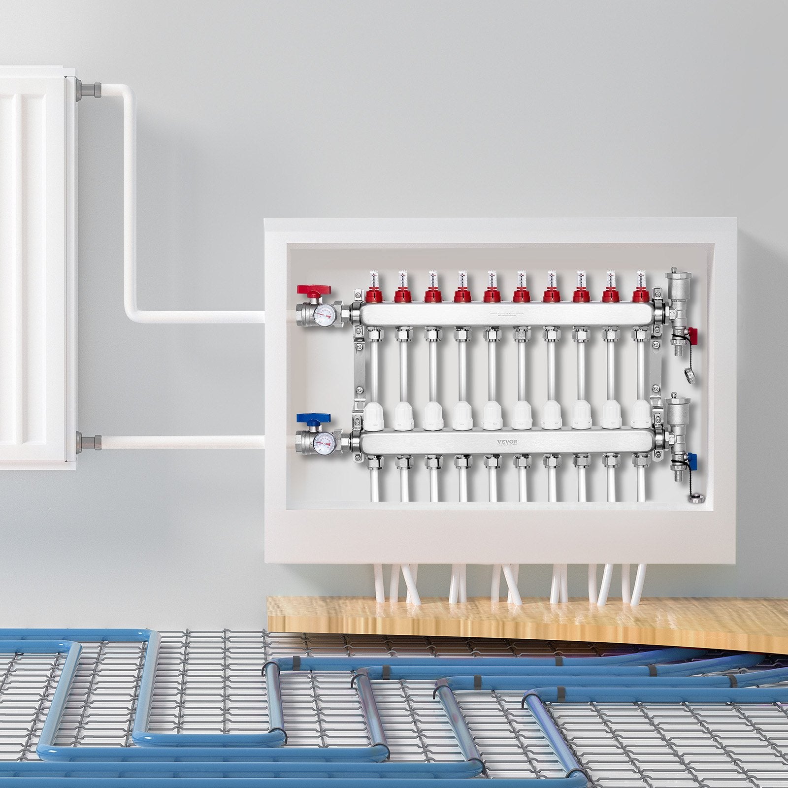 10-Branch Radiant Heat Manifold, 1/2" PEX Tubing Manifold, Stainless Steel PEX Manifold for Hydronic Radiant V952-DRFSQBXG10HL1S697V0