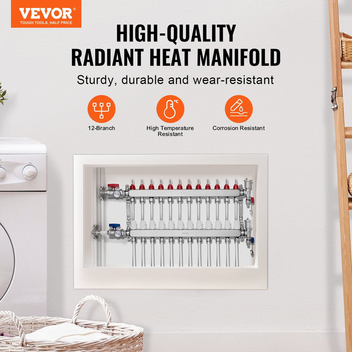 12-Branch Radiant Heat Manifold, 1/2" PEX Tubing Manifold, Stainless Steel PEX Manifold for Hydronic Radiant V952-DRFSQBXG12HL053KUV0