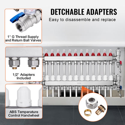 12-Branch Radiant Heat Manifold, 1/2" PEX Tubing Manifold, Stainless Steel PEX Manifold for Hydronic Radiant V952-DRFSQBXG12HL053KUV0