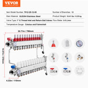 12-Branch Radiant Heat Manifold, 1/2" PEX Tubing Manifold, Stainless Steel PEX Manifold for Hydronic Radiant V952-DRFSQBXG12HL053KUV0