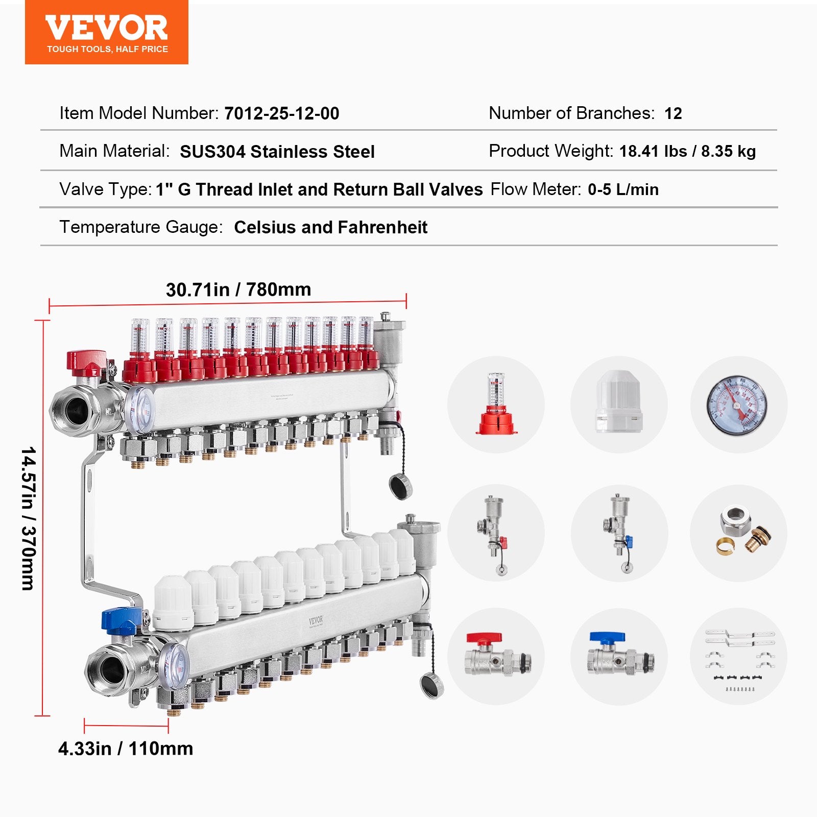 12-Branch Radiant Heat Manifold, 1/2" PEX Tubing Manifold, Stainless Steel PEX Manifold for Hydronic Radiant V952-DRFSQBXG12HL053KUV0