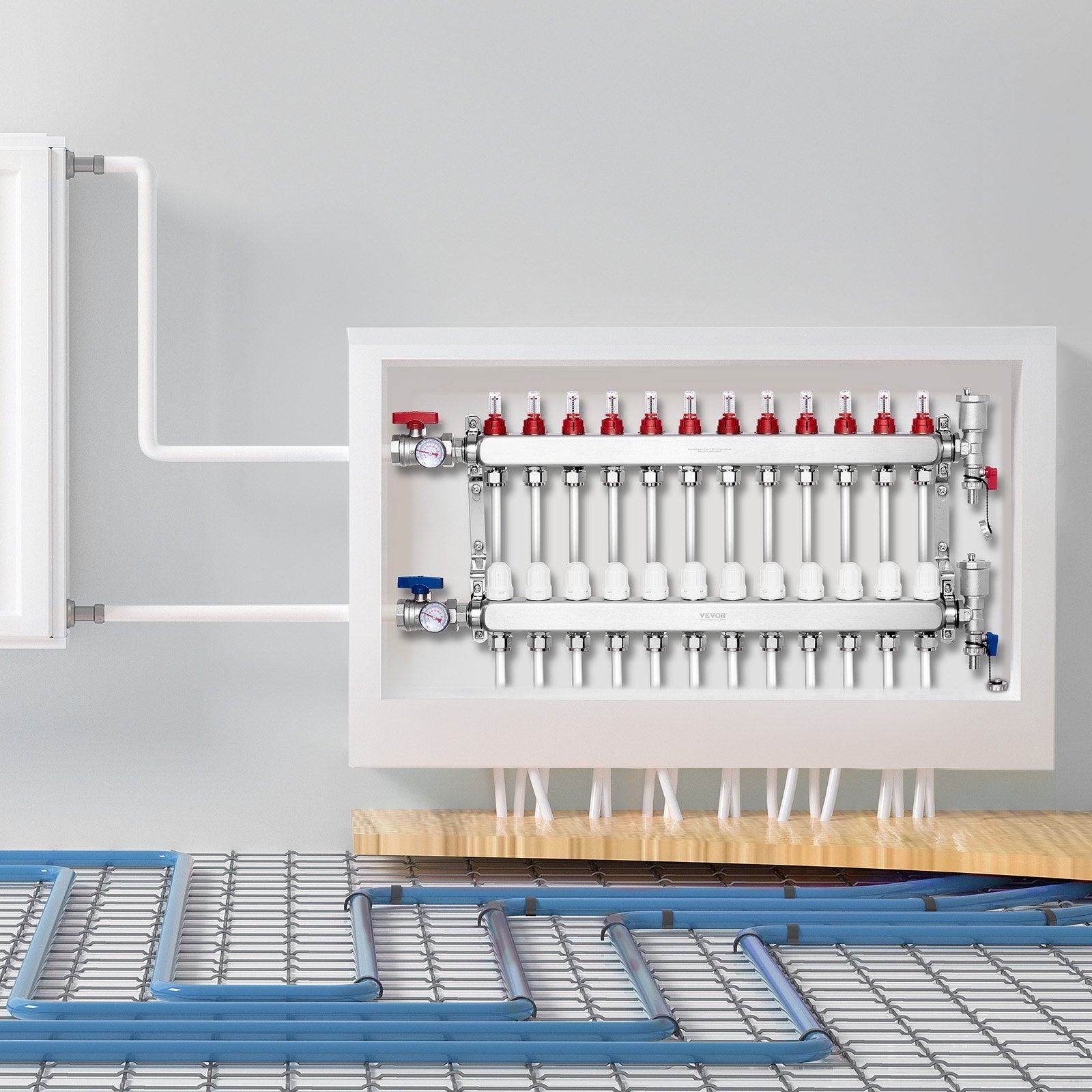 12-Branch Radiant Heat Manifold, 1/2" PEX Tubing Manifold, Stainless Steel PEX Manifold for Hydronic Radiant V952-DRFSQBXG12HL053KUV0