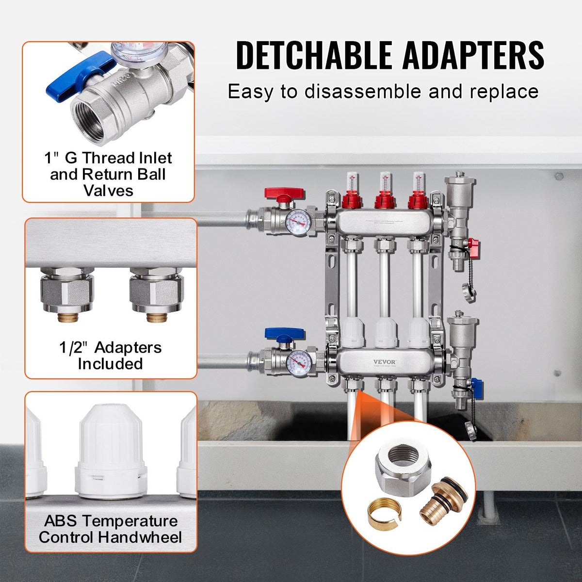 3-Branch Radiant Heat Manifold, 1/2" PEX Tubing Manifold, Stainless Steel PEX Manifold for Hydronic Radiant V952-DRFSQBXG3HLGIHXQRV0