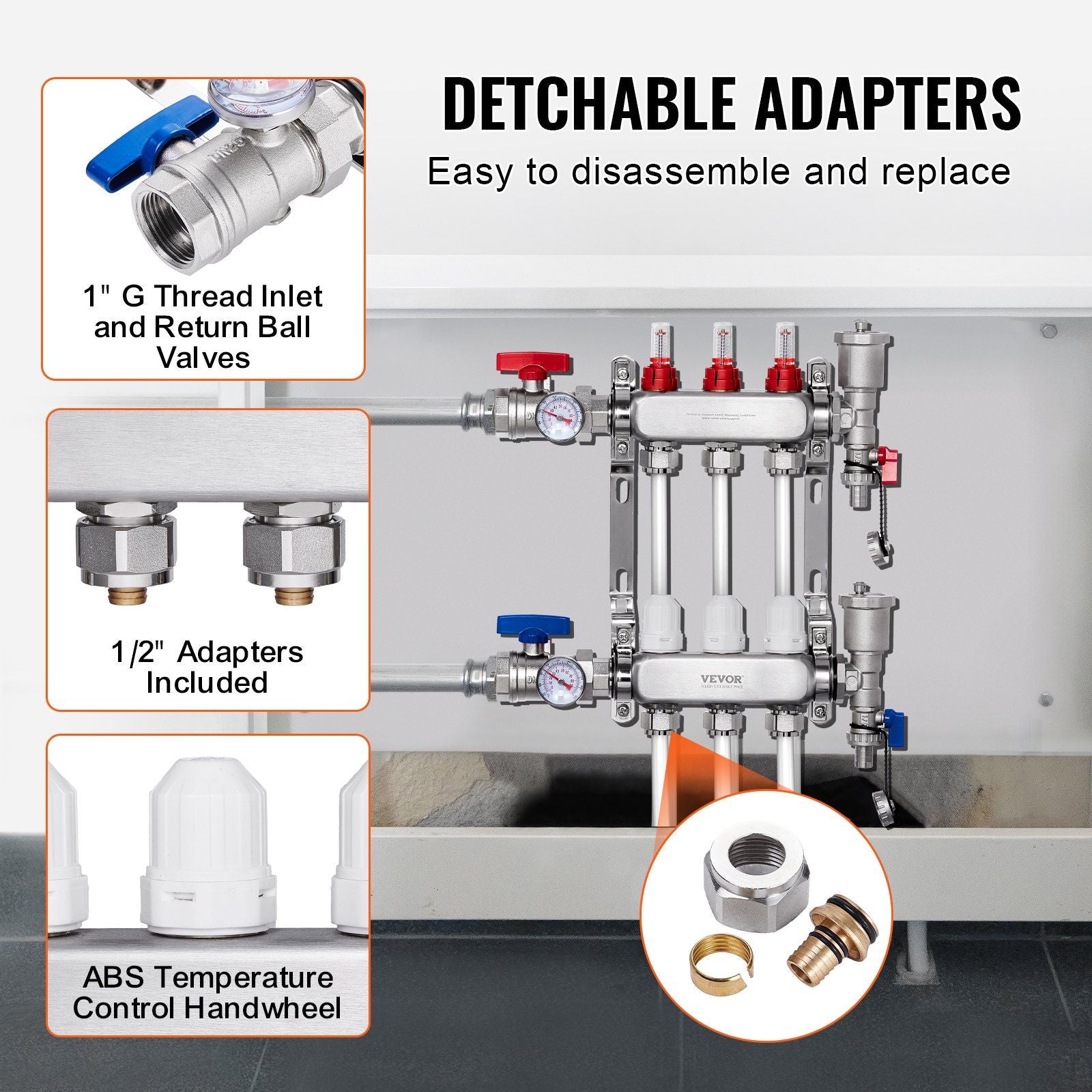 3-Branch Radiant Heat Manifold, 1/2" PEX Tubing Manifold, Stainless Steel PEX Manifold for Hydronic Radiant V952-DRFSQBXG3HLGIHXQRV0