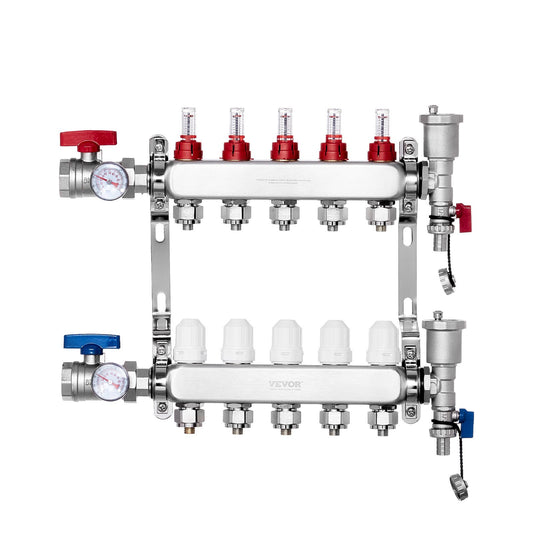 5-Branch Radiant Heat Manifold, 1/2" PEX Tubing Manifold, Stainless Steel PEX Manifold for Hydronic Radiant V952-DRFSQBXG5HLGXT75CV0