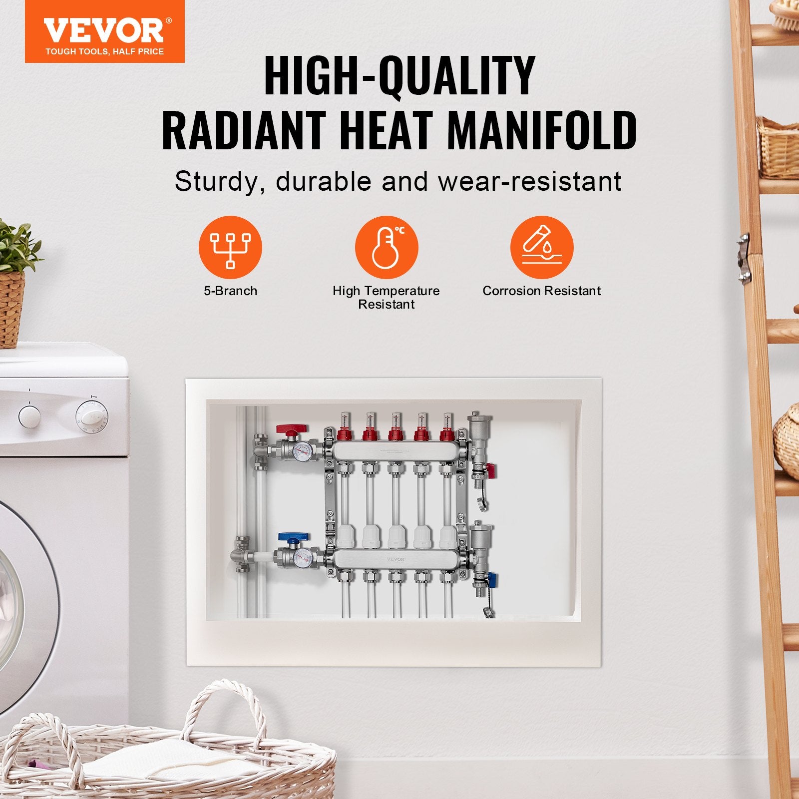 5-Branch Radiant Heat Manifold, 1/2" PEX Tubing Manifold, Stainless Steel PEX Manifold for Hydronic Radiant V952-DRFSQBXG5HLGXT75CV0
