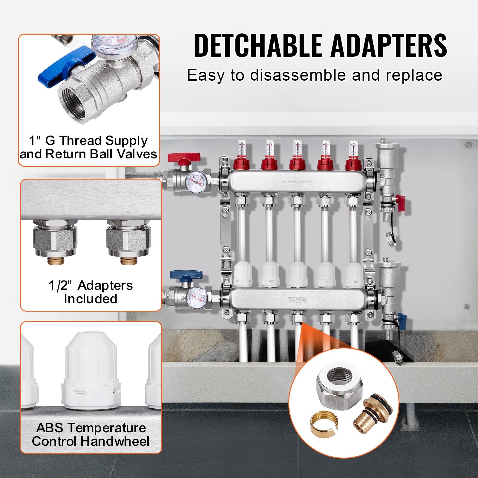 5-Branch Radiant Heat Manifold, 1/2" PEX Tubing Manifold, Stainless Steel PEX Manifold for Hydronic Radiant V952-DRFSQBXG5HLGXT75CV0