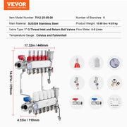 5-Branch Radiant Heat Manifold, 1/2" PEX Tubing Manifold, Stainless Steel PEX Manifold for Hydronic Radiant V952-DRFSQBXG5HLGXT75CV0