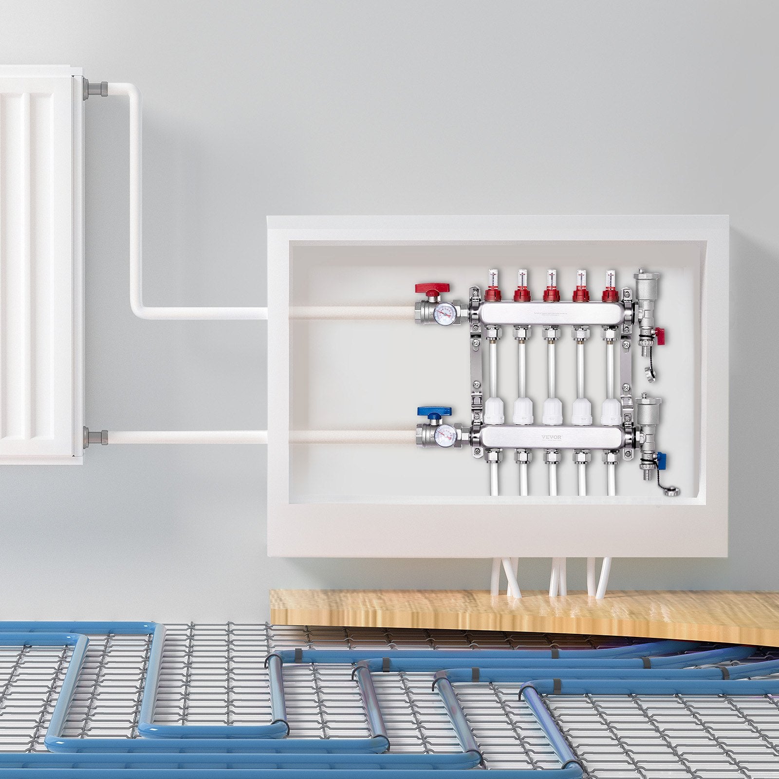 5-Branch Radiant Heat Manifold, 1/2" PEX Tubing Manifold, Stainless Steel PEX Manifold for Hydronic Radiant V952-DRFSQBXG5HLGXT75CV0