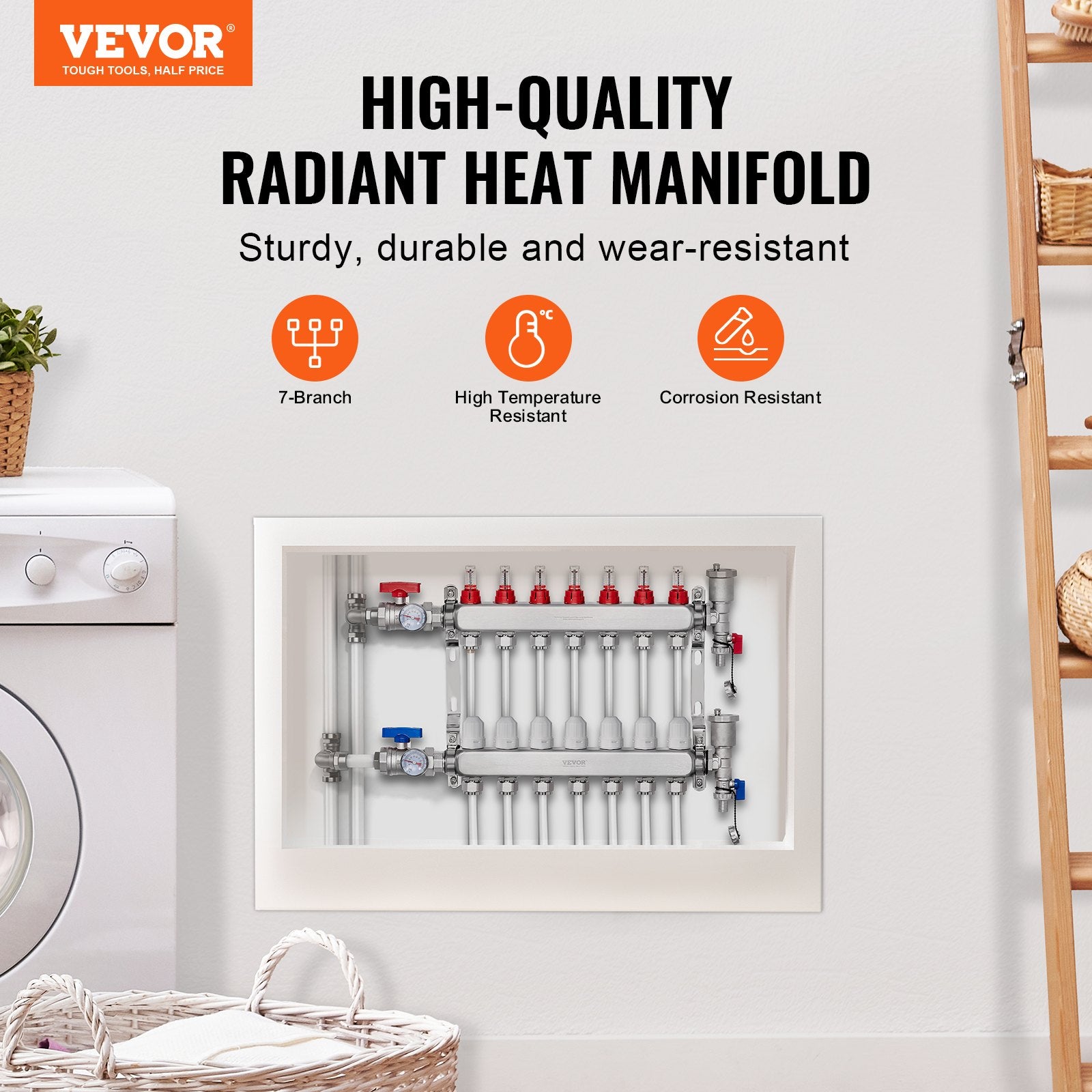 7-Branch Radiant Heat Manifold, 1/2" PEX Tubing Manifold, Stainless Steel PEX Manifold for Hydronic Radiant V952-DRFSQBXG7HLG5ODPQV0