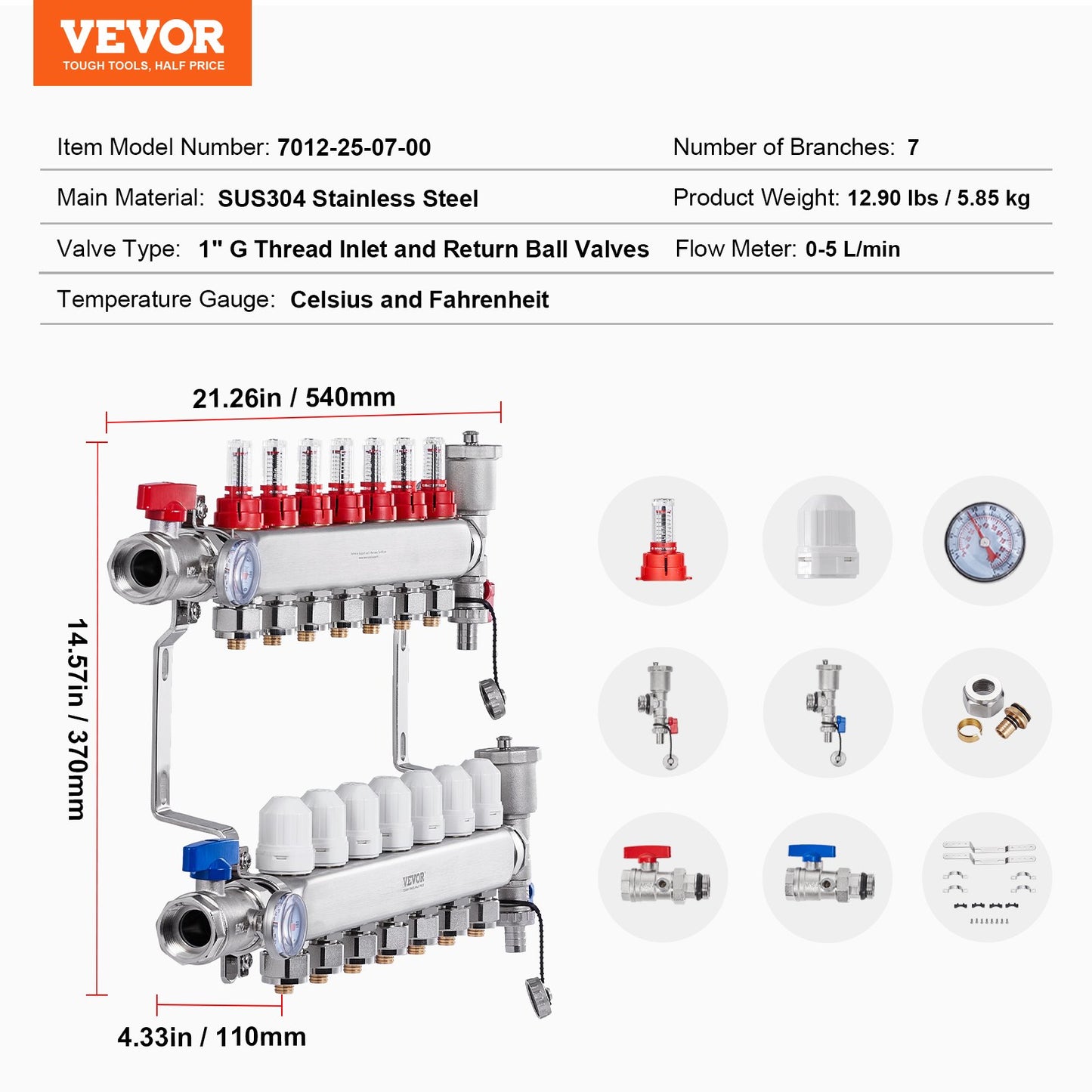 7-Branch Radiant Heat Manifold, 1/2" PEX Tubing Manifold, Stainless Steel PEX Manifold for Hydronic Radiant V952-DRFSQBXG7HLG5ODPQV0