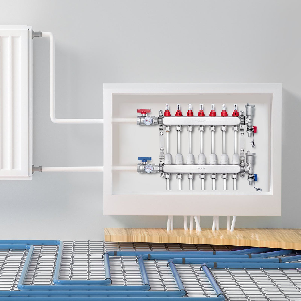 7-Branch Radiant Heat Manifold, 1/2" PEX Tubing Manifold, Stainless Steel PEX Manifold for Hydronic Radiant V952-DRFSQBXG7HLG5ODPQV0