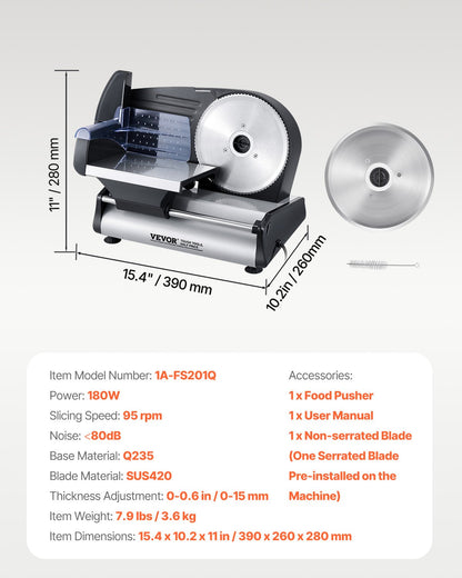Meat Slicer 180W 190 mm Electric Deli Food Slicer for Meat Bread Cheese V952-DRQPJ180WSDPGJYA2V3