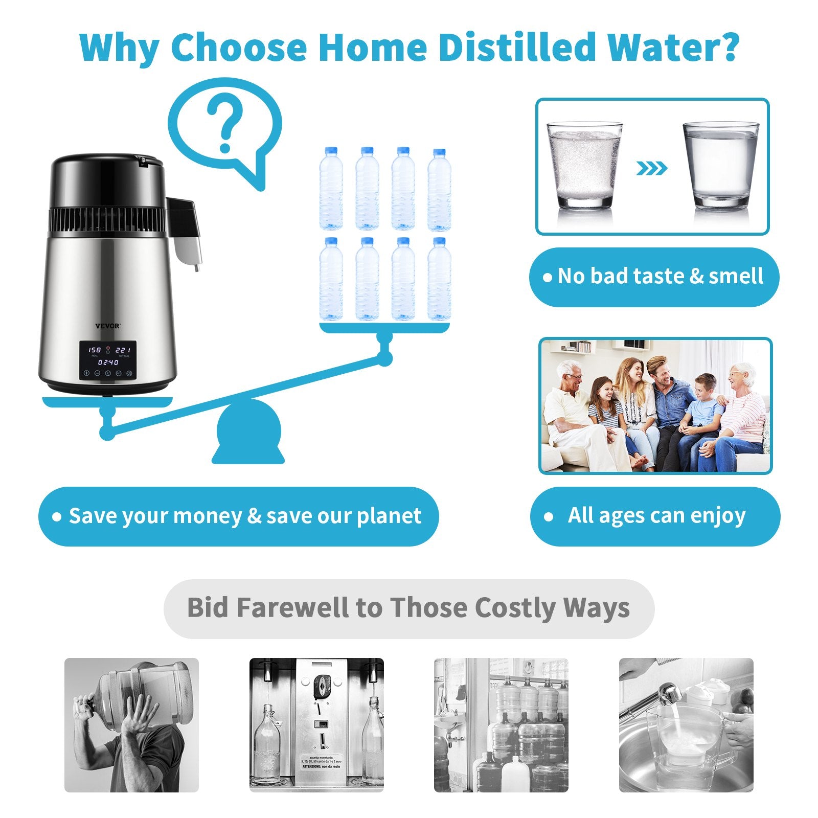 4L Water Distiller 1.5L/H Distilled Water Maker Timing Dual-Temp Silver V952-DSD15LH4L220VJCC4V3