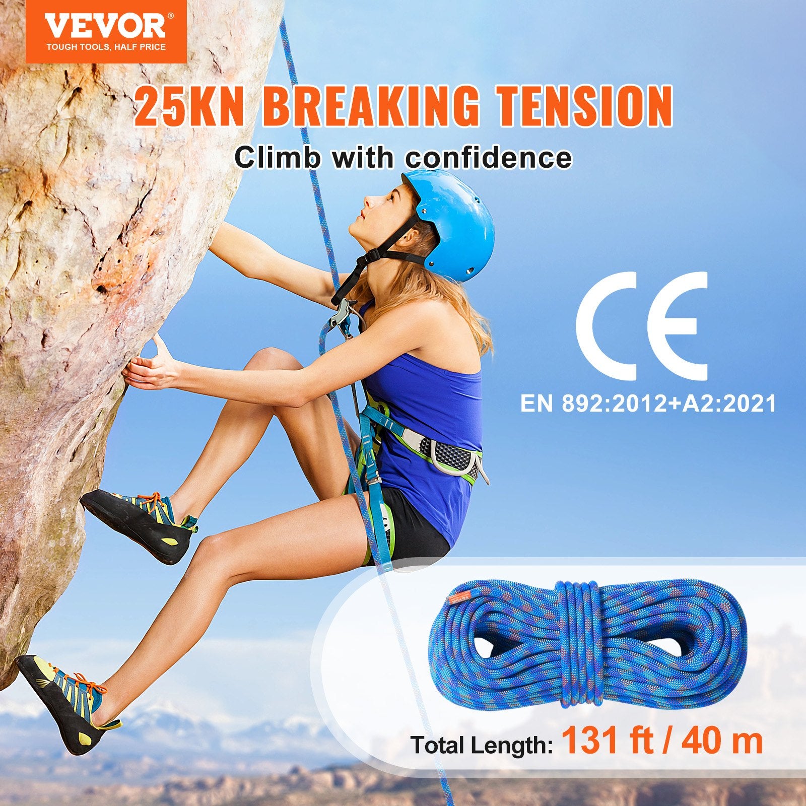 10.2mm Dynamic Climbing Rope, 40M(131ft) Outdoor Rock Climbing Rope 25KN Breaking Tension, Stretchable Fiber V952-DSDLS131YC103J6V8V0