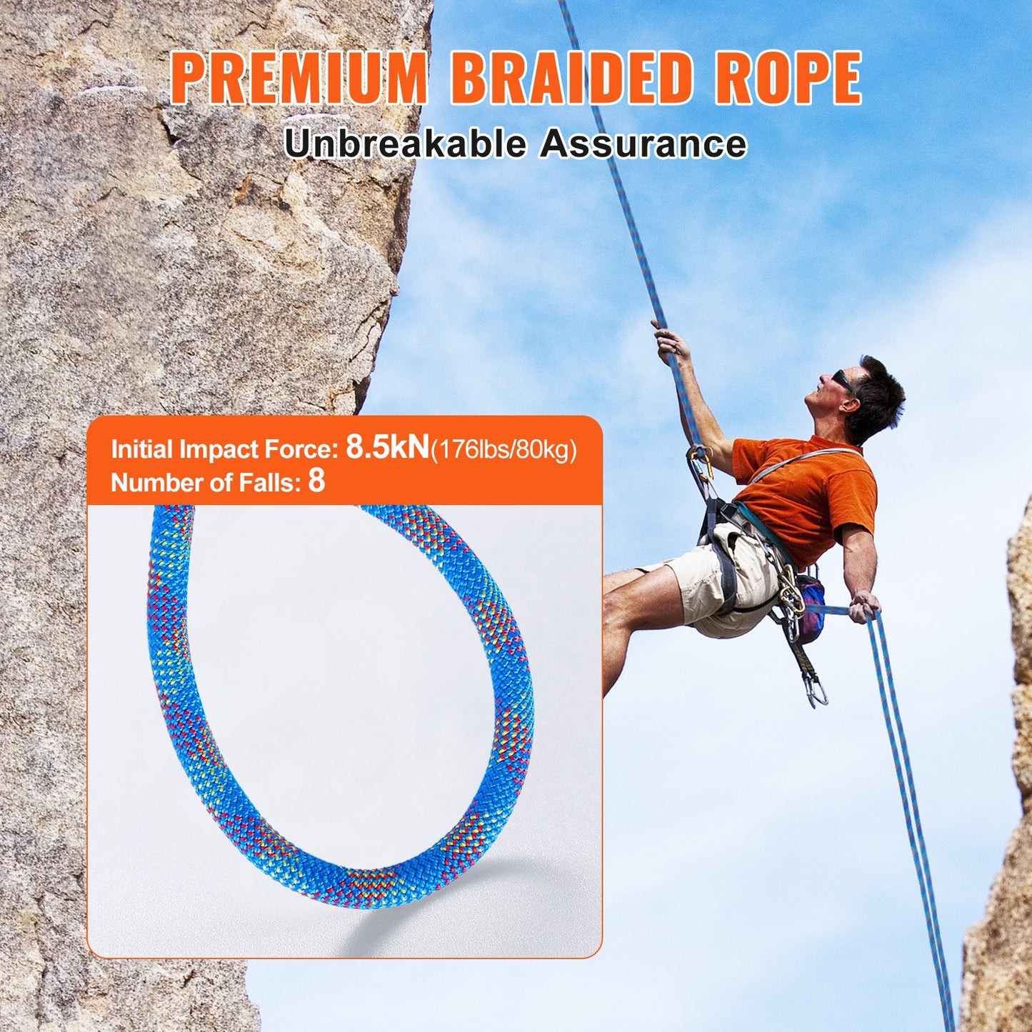 10.2mm Dynamic Climbing Rope, 40M(131ft) Outdoor Rock Climbing Rope 25KN Breaking Tension, Stretchable Fiber V952-DSDLS131YC103J6V8V0