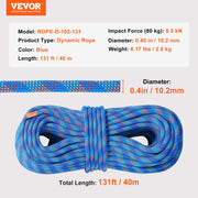 10.2mm Dynamic Climbing Rope, 40M(131ft) Outdoor Rock Climbing Rope 25KN Breaking Tension, Stretchable Fiber V952-DSDLS131YC103J6V8V0