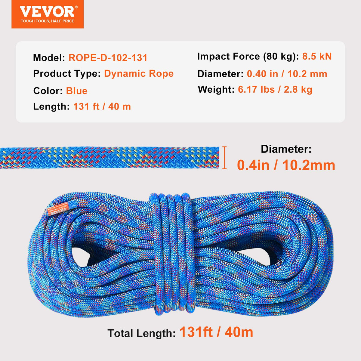 10.2mm Dynamic Climbing Rope, 40M(131ft) Outdoor Rock Climbing Rope 25KN Breaking Tension, Stretchable Fiber V952-DSDLS131YC103J6V8V0