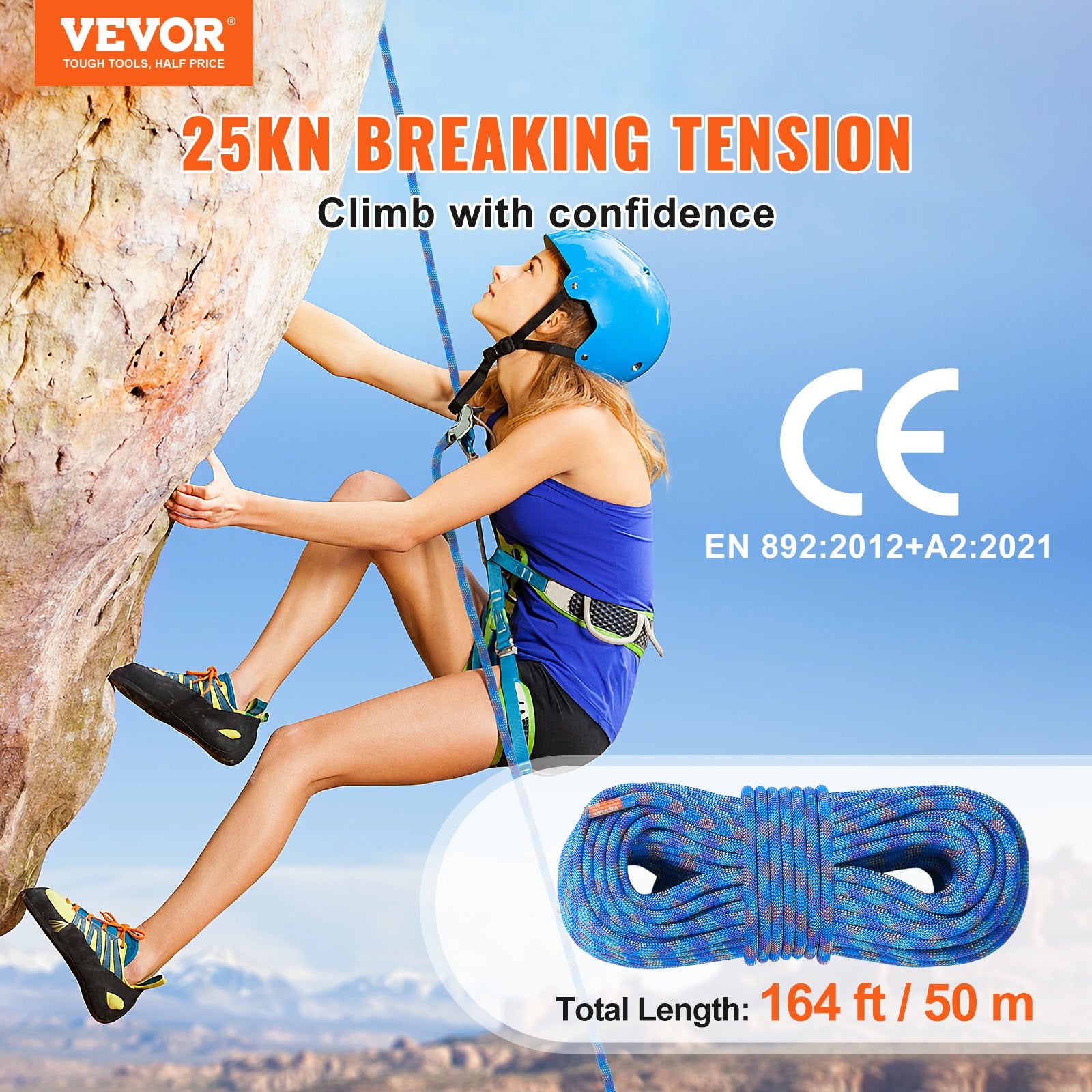 10.2mm Dynamic Climbing Rope, 50M(164ft) Outdoor Rock Climbing Rope 25KN Breaking Tension, Stretchable Fiber V952-DSDLS164YC107FCF4V0
