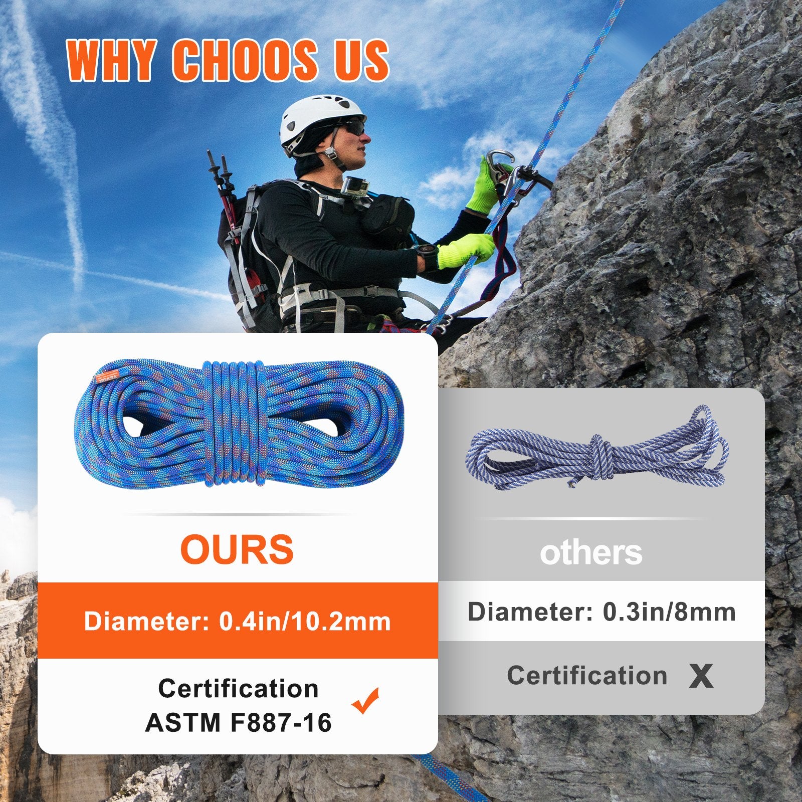 10.2mm Dynamic Climbing Rope, 50M(164ft) Outdoor Rock Climbing Rope 25KN Breaking Tension, Stretchable Fiber V952-DSDLS164YC107FCF4V0