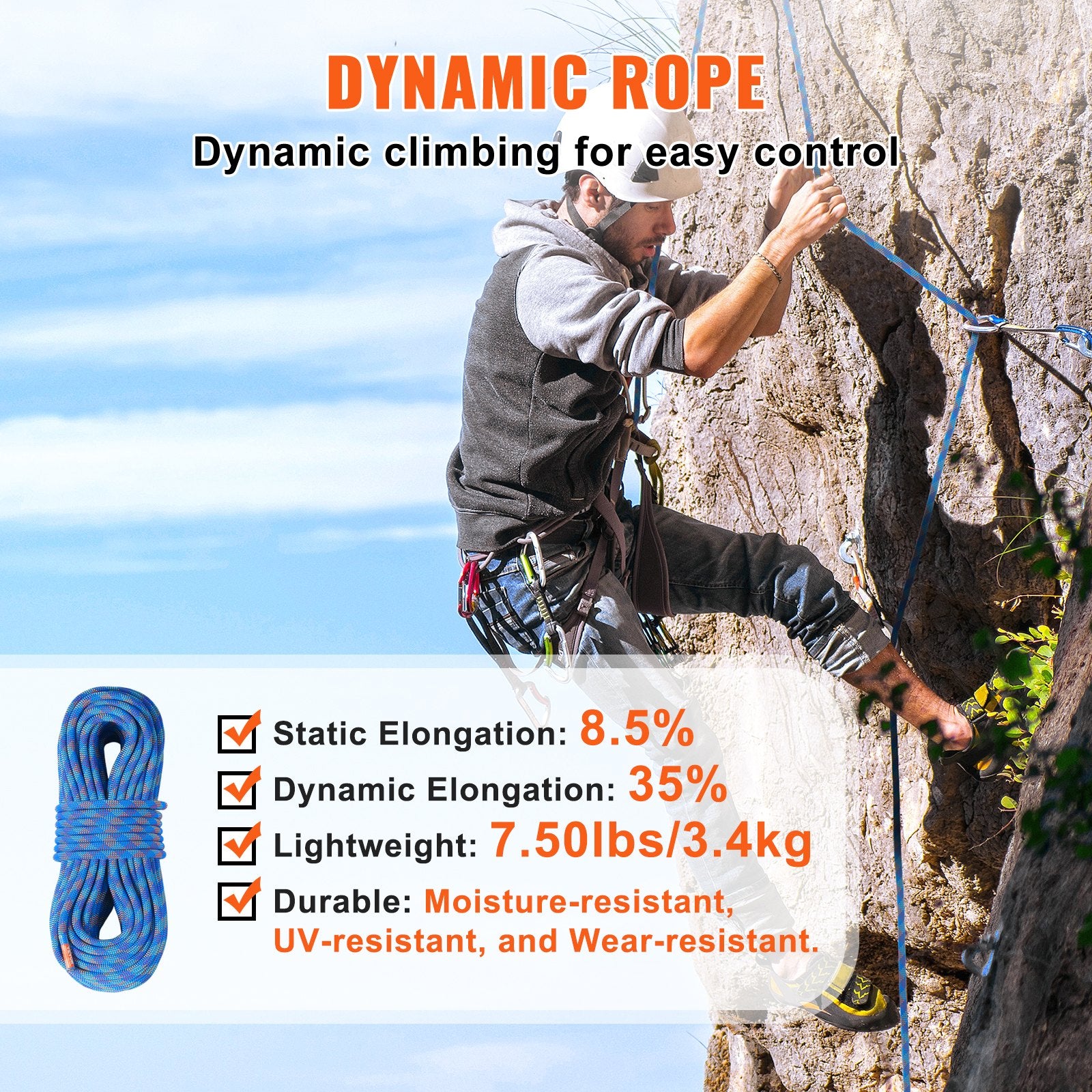 10.2mm Dynamic Climbing Rope, 50M(164ft) Outdoor Rock Climbing Rope 25KN Breaking Tension, Stretchable Fiber V952-DSDLS164YC107FCF4V0
