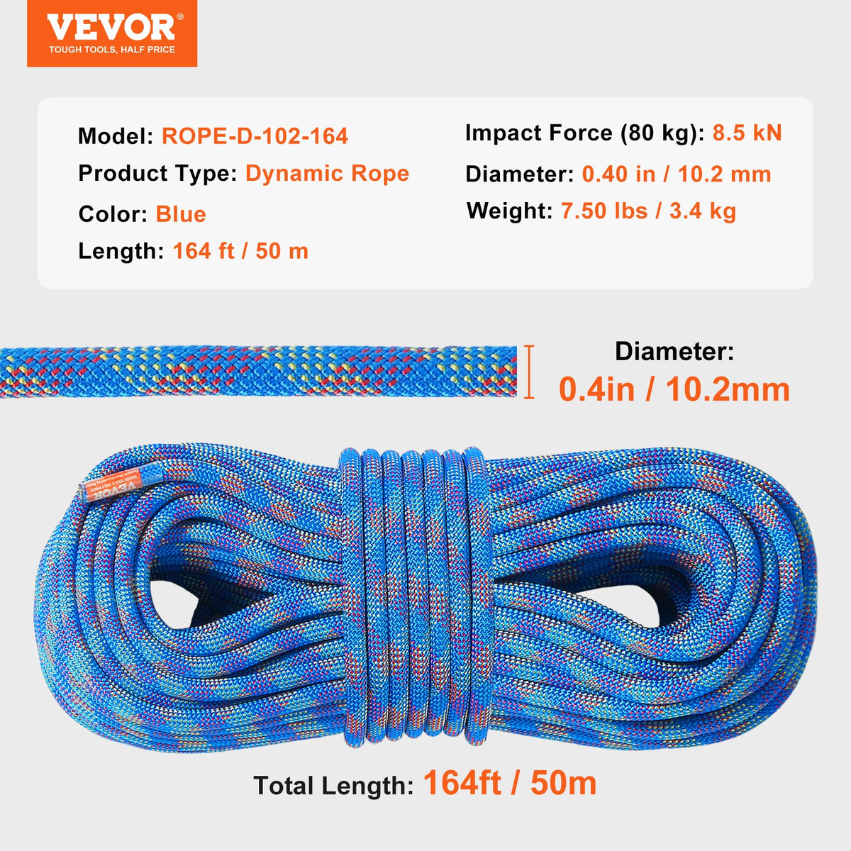 10.2mm Dynamic Climbing Rope, 50M(164ft) Outdoor Rock Climbing Rope 25KN Breaking Tension, Stretchable Fiber V952-DSDLS164YC107FCF4V0
