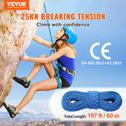 10.2mm Dynamic Climbing Rope, 60M(197ft) Outdoor Rock Climbing Rope 25KN Breaking Tension, Stretchable Fiber V952-DSDLS197YC10KNO0JV0