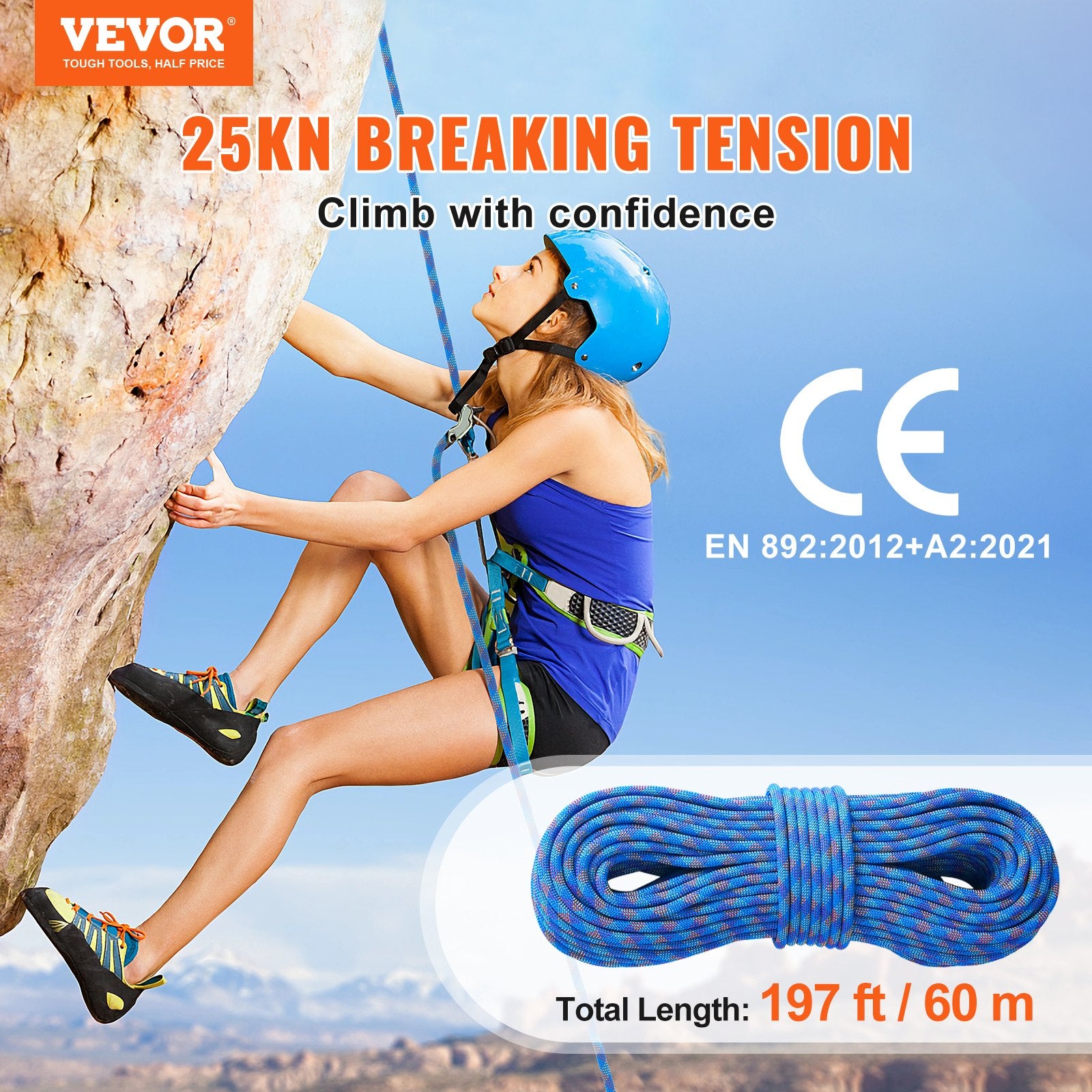 10.2mm Dynamic Climbing Rope, 60M(197ft) Outdoor Rock Climbing Rope 25KN Breaking Tension, Stretchable Fiber V952-DSDLS197YC10KNO0JV0