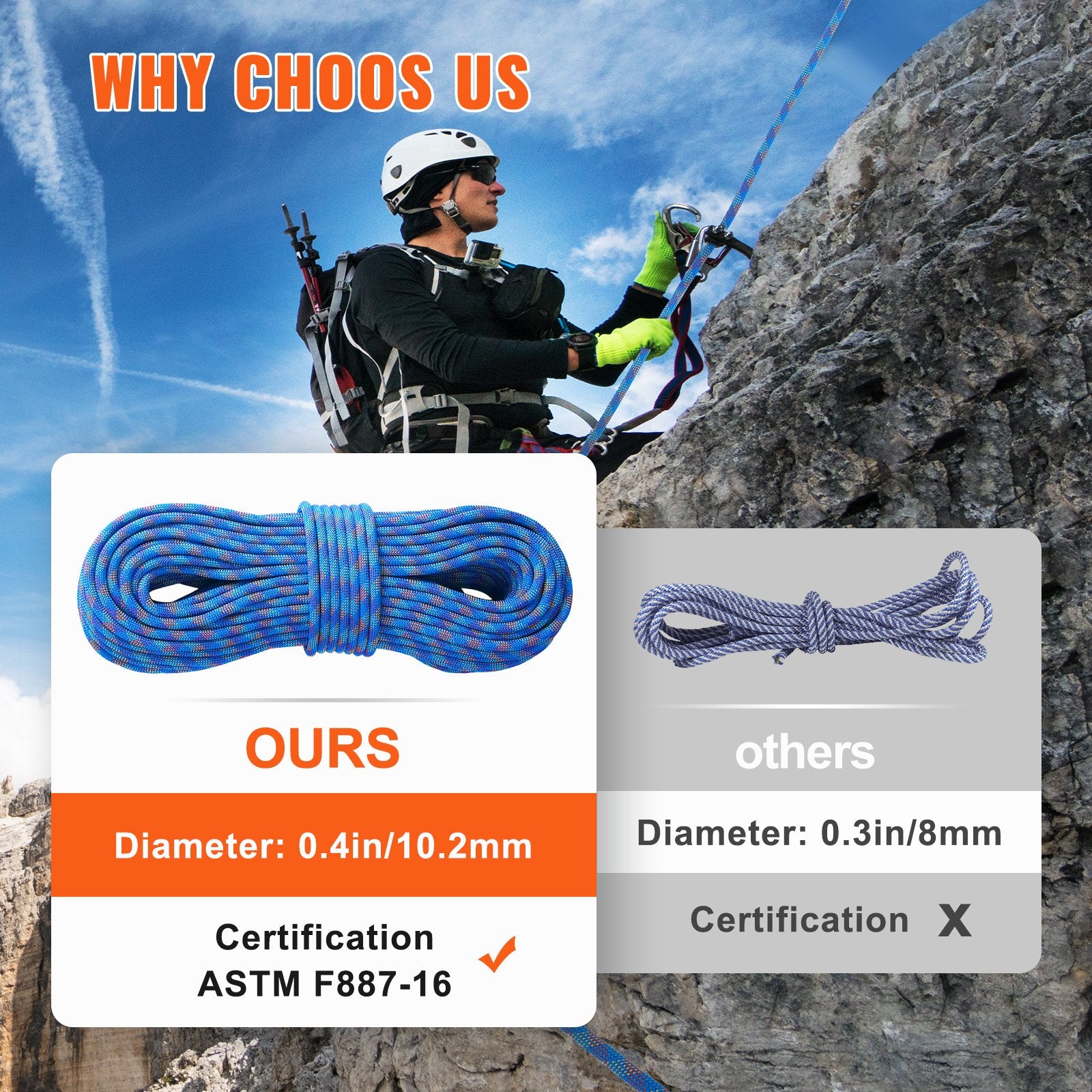 10.2mm Dynamic Climbing Rope, 60M(197ft) Outdoor Rock Climbing Rope 25KN Breaking Tension, Stretchable Fiber V952-DSDLS197YC10KNO0JV0