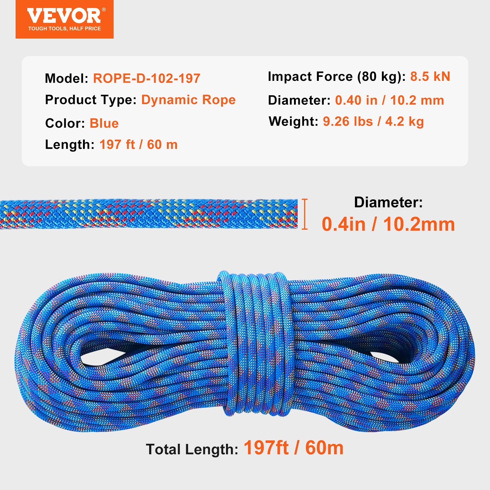 10.2mm Dynamic Climbing Rope, 60M(197ft) Outdoor Rock Climbing Rope 25KN Breaking Tension, Stretchable Fiber V952-DSDLS197YC10KNO0JV0