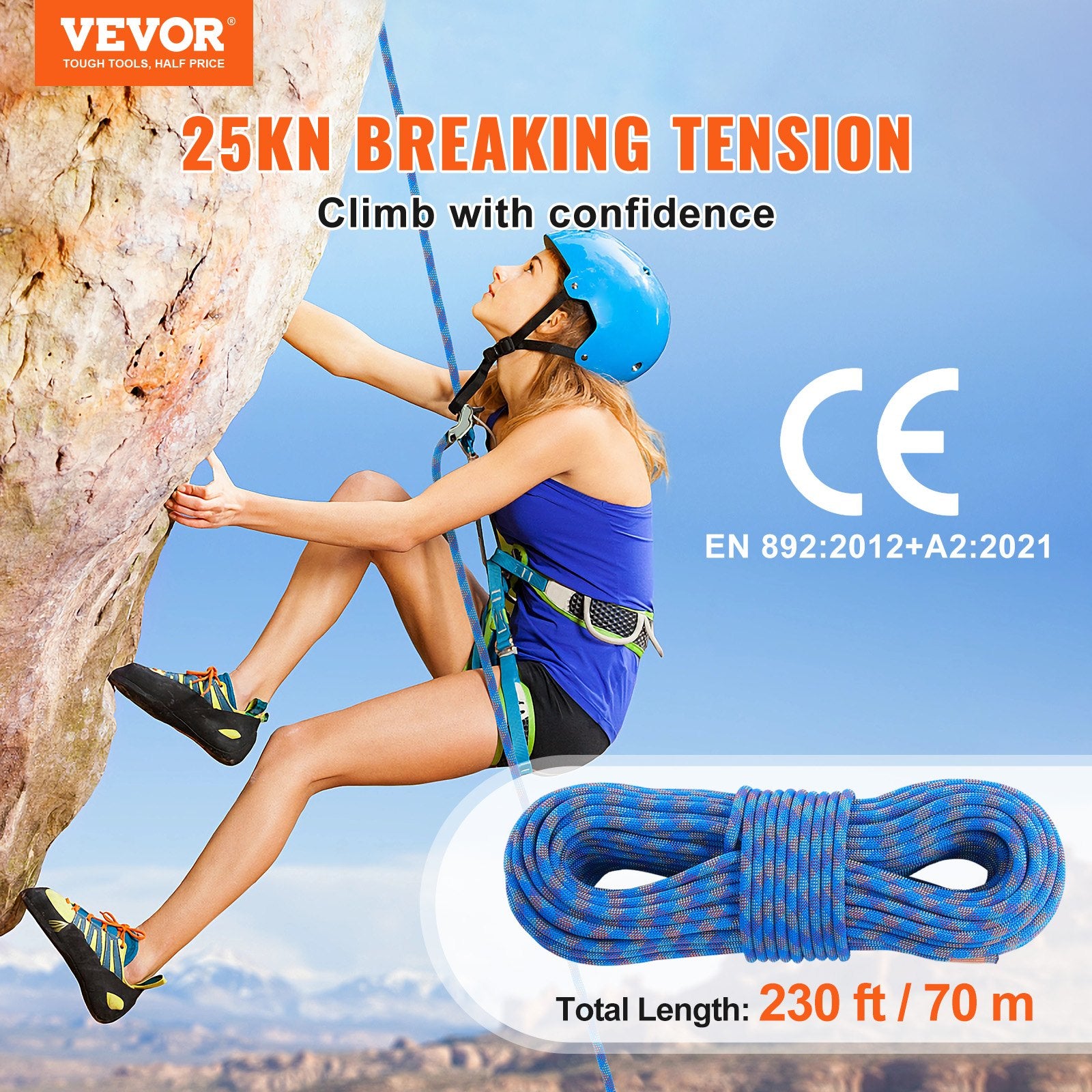 10.2mm Dynamic Climbing Rope, 70M(230ft) Outdoor Rock Climbing Rope 25KN Breaking Tension, Stretchable Fiber V952-DSDLS230YC10DESE6V0