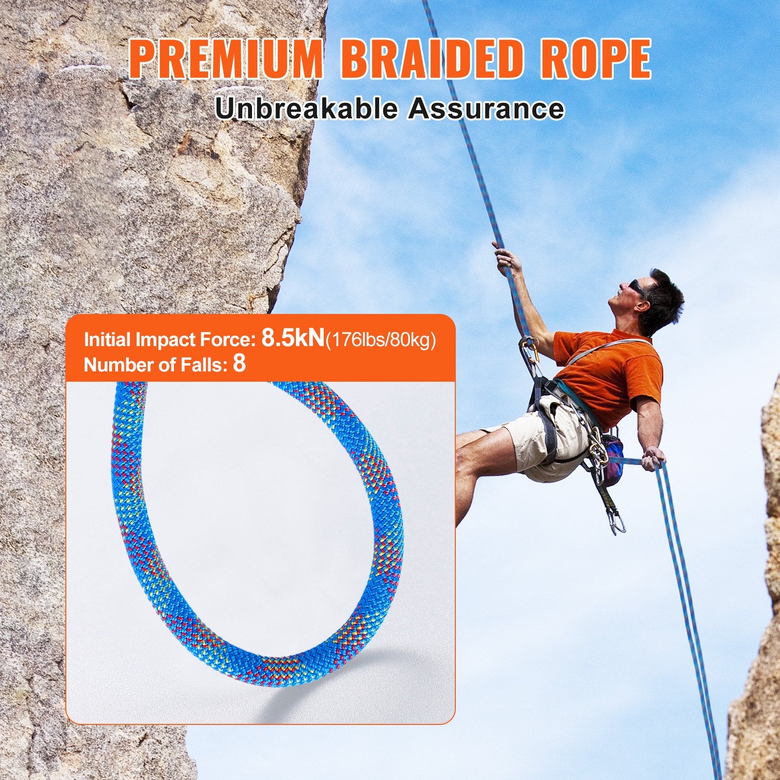 10.2mm Dynamic Climbing Rope, 70M(230ft) Outdoor Rock Climbing Rope 25KN Breaking Tension, Stretchable Fiber V952-DSDLS230YC10DESE6V0