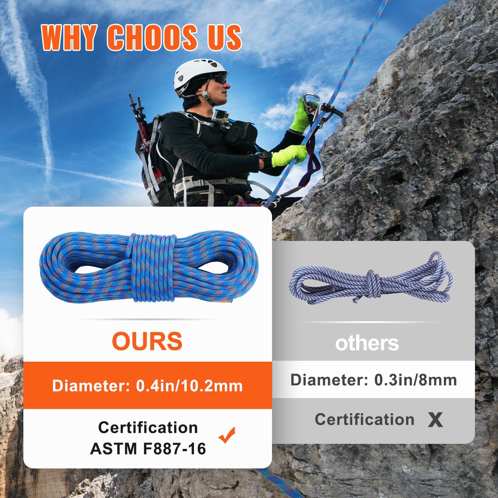 10.2mm Dynamic Climbing Rope, 70M(230ft) Outdoor Rock Climbing Rope 25KN Breaking Tension, Stretchable Fiber V952-DSDLS230YC10DESE6V0