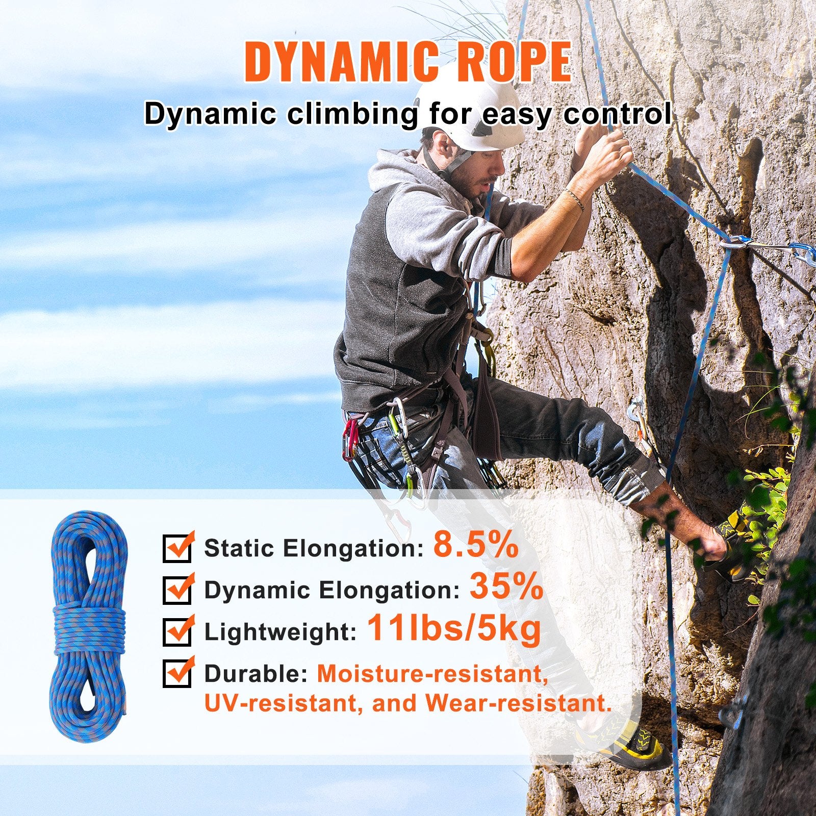 10.2mm Dynamic Climbing Rope, 70M(230ft) Outdoor Rock Climbing Rope 25KN Breaking Tension, Stretchable Fiber V952-DSDLS230YC10DESE6V0