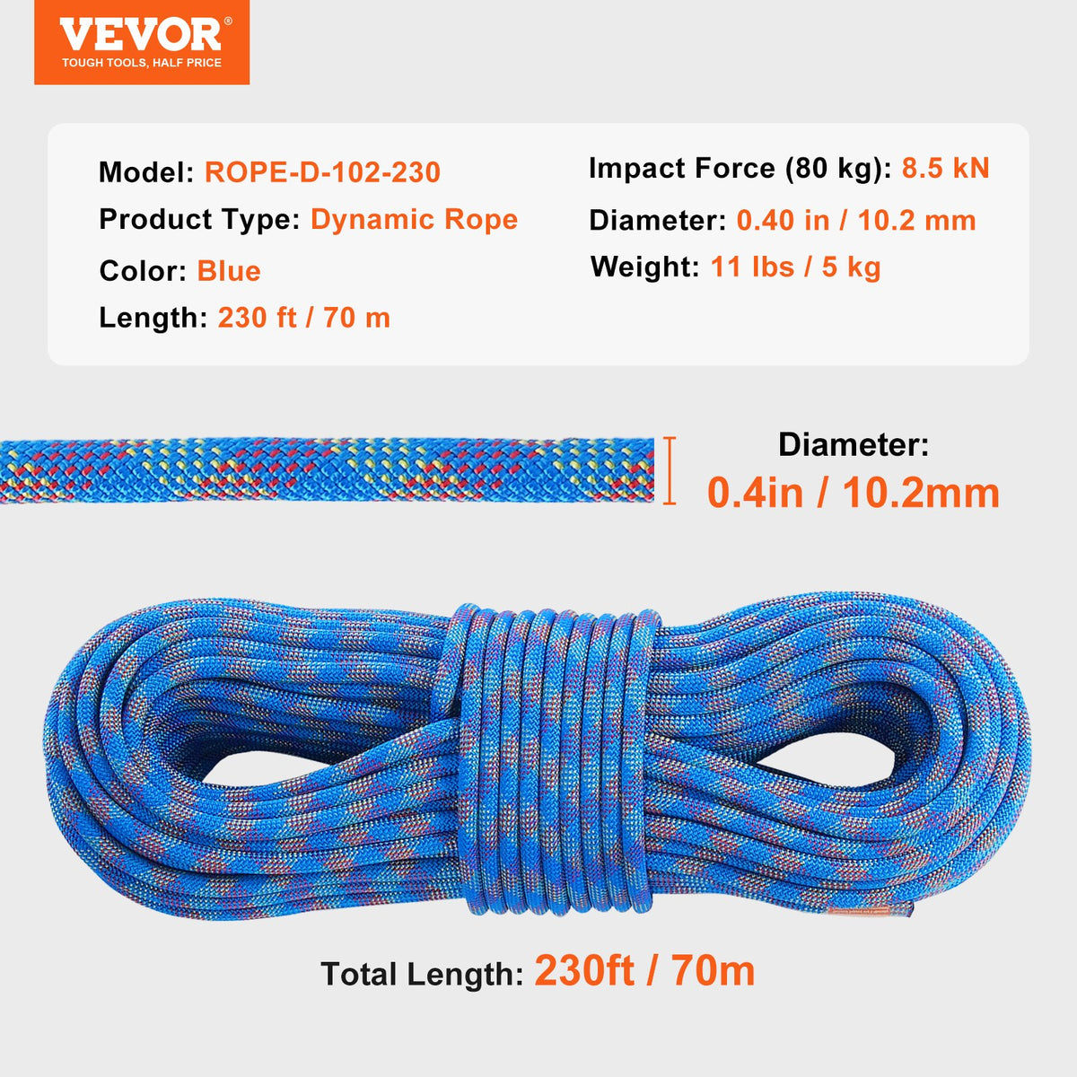 10.2mm Dynamic Climbing Rope, 70M(230ft) Outdoor Rock Climbing Rope 25KN Breaking Tension, Stretchable Fiber V952-DSDLS230YC10DESE6V0
