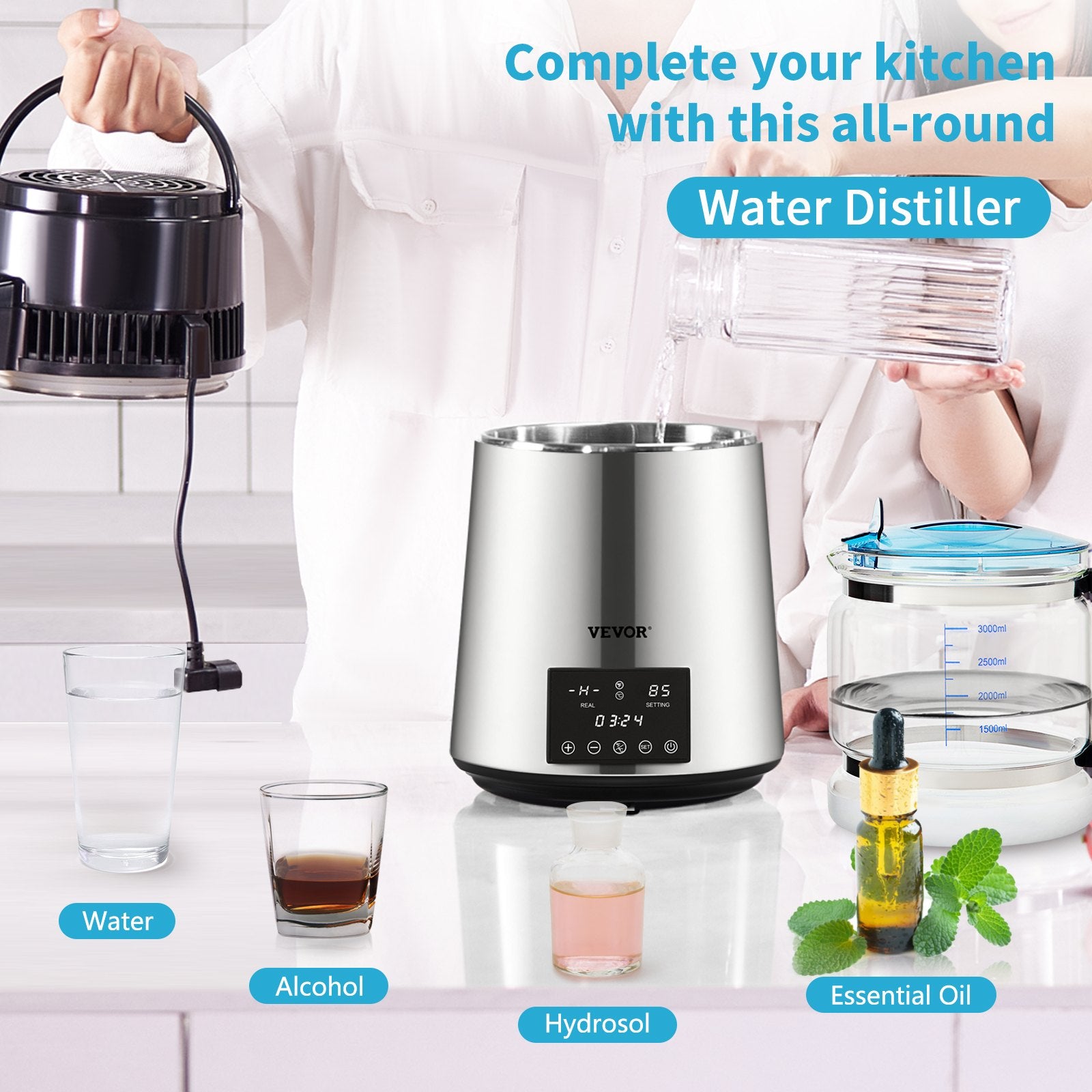 4L Water Distiller Distilled Water Maker 1 L/H w/ Timing Dual-Temp Silver V952-DSDW1LH4L220VO4CHV3