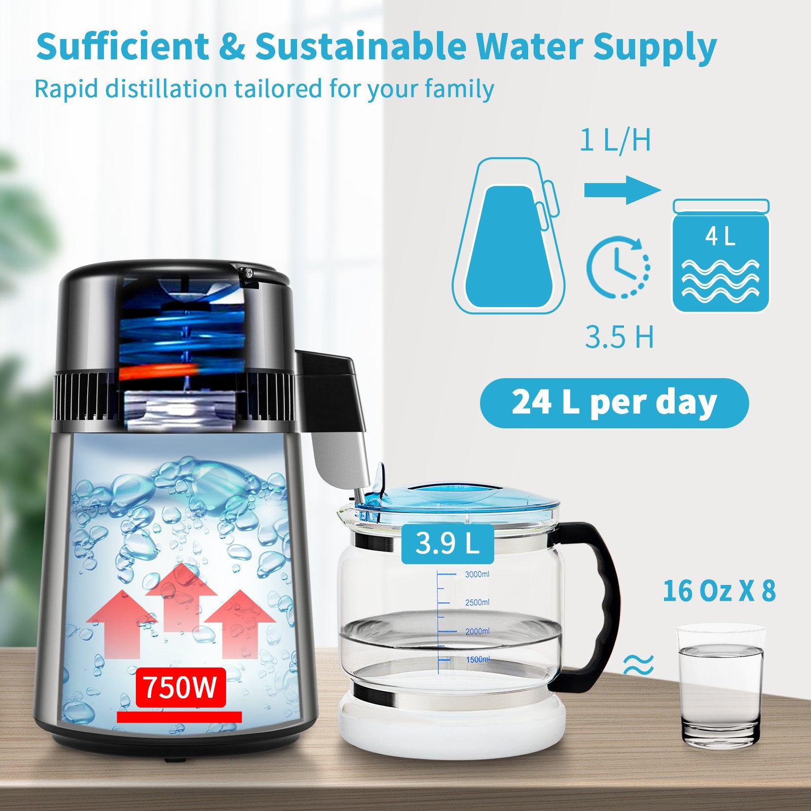 4L Water Distiller Distilled Water Maker 1 L/H w/ Timing Dual-Temp Silver V952-DSDW1LH4L220VO4CHV3