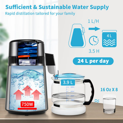 4L Water Distiller Distilled Water Maker 1 L/H w/ Timing Dual-Temp Silver V952-DSDW1LH4L220VO4CHV3