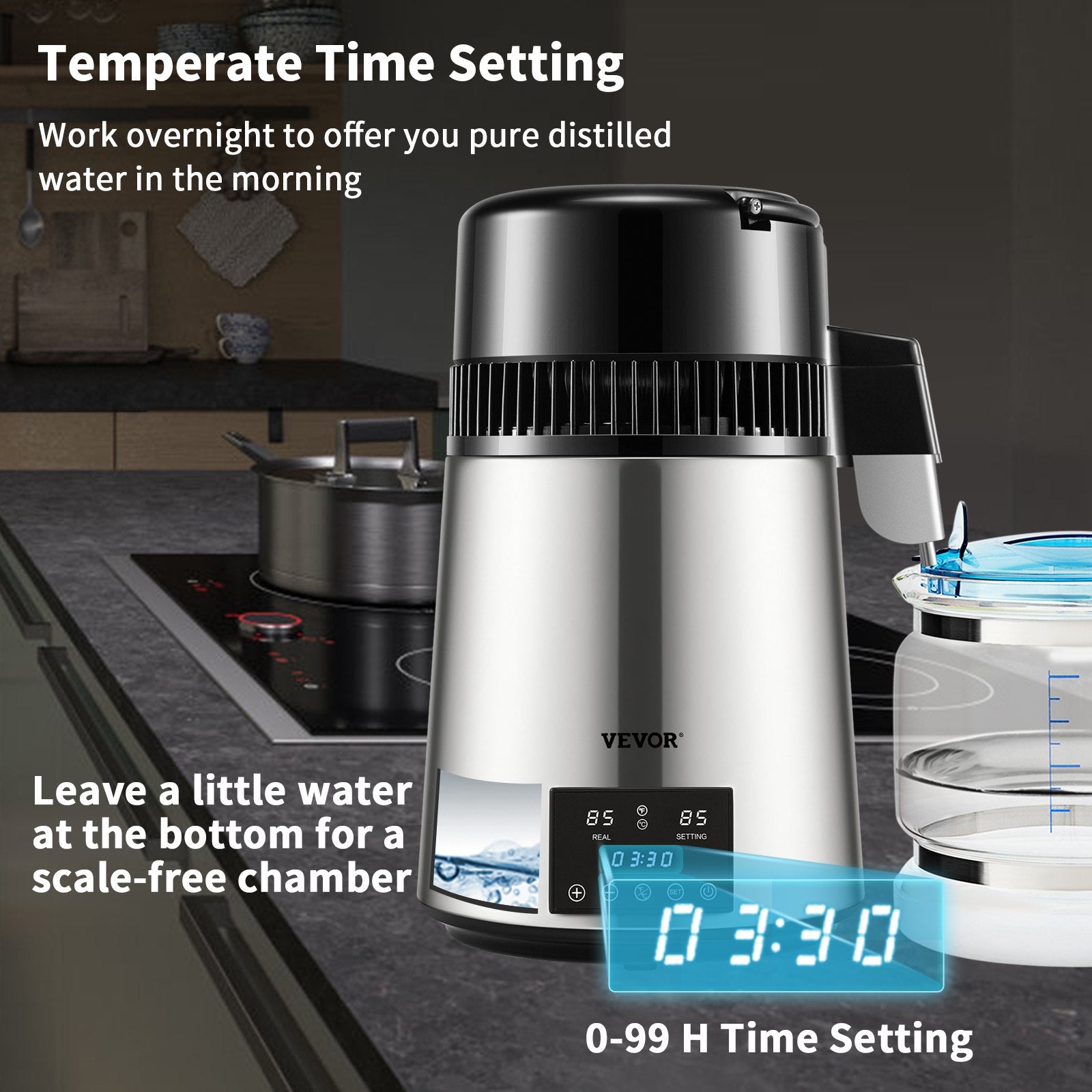4L Water Distiller Distilled Water Maker 1 L/H w/ Timing Dual-Temp Silver V952-DSDW1LH4L220VO4CHV3