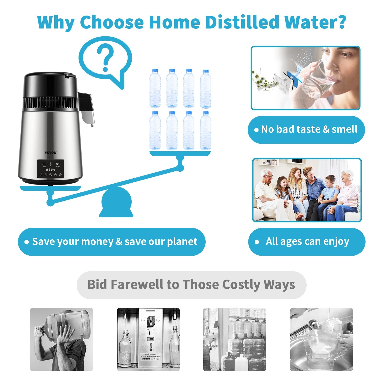 4L Water Distiller Distilled Water Maker 1 L/H w/ Timing Dual-Temp Silver V952-DSDW1LH4L220VO4CHV3