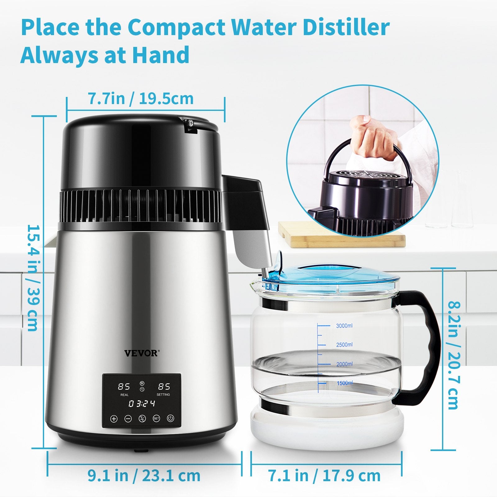 4L Water Distiller Distilled Water Maker 1 L/H w/ Timing Dual-Temp Silver V952-DSDW1LH4L220VO4CHV3
