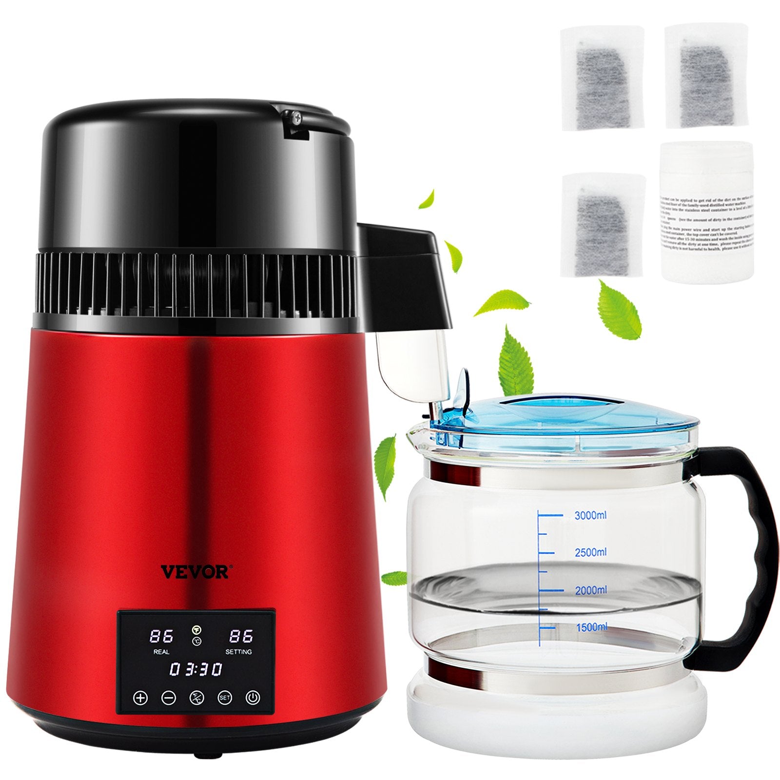 4L Water Distiller Distilled Water Maker 1 L/H w/ Timing Dual Temp Red V952-DSDW1LH4L220VZ53OV3