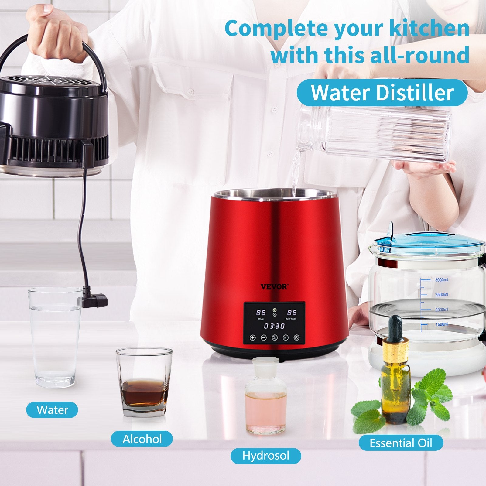 4L Water Distiller Distilled Water Maker 1 L/H w/ Timing Dual Temp Red V952-DSDW1LH4L220VZ53OV3