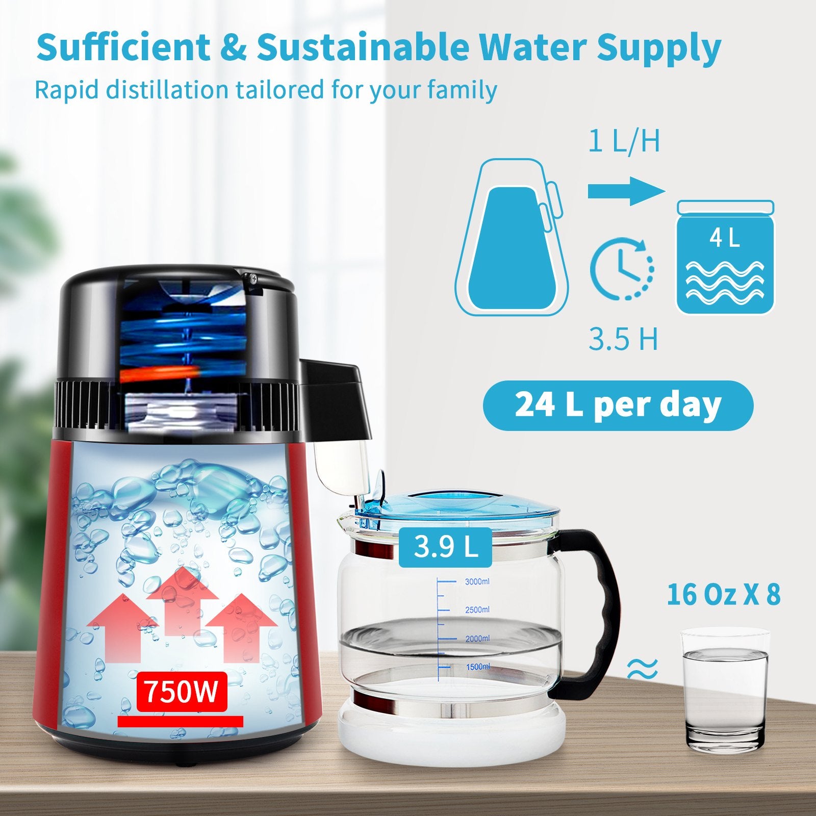 4L Water Distiller Distilled Water Maker 1 L/H w/ Timing Dual Temp Red V952-DSDW1LH4L220VZ53OV3